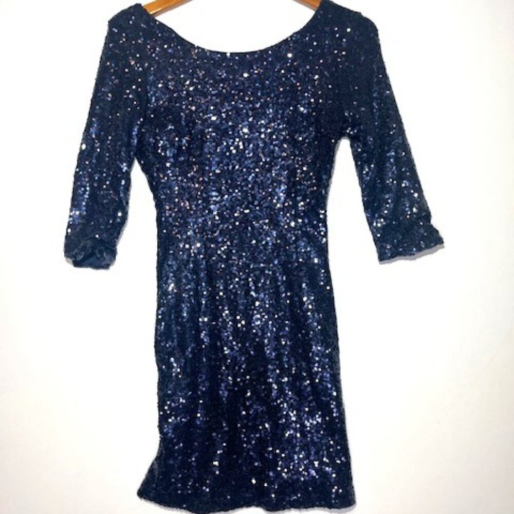 Lulus Blue Sequin Mini Dress Half Sleeve Boat Neck Cocktail Night Out Sz S